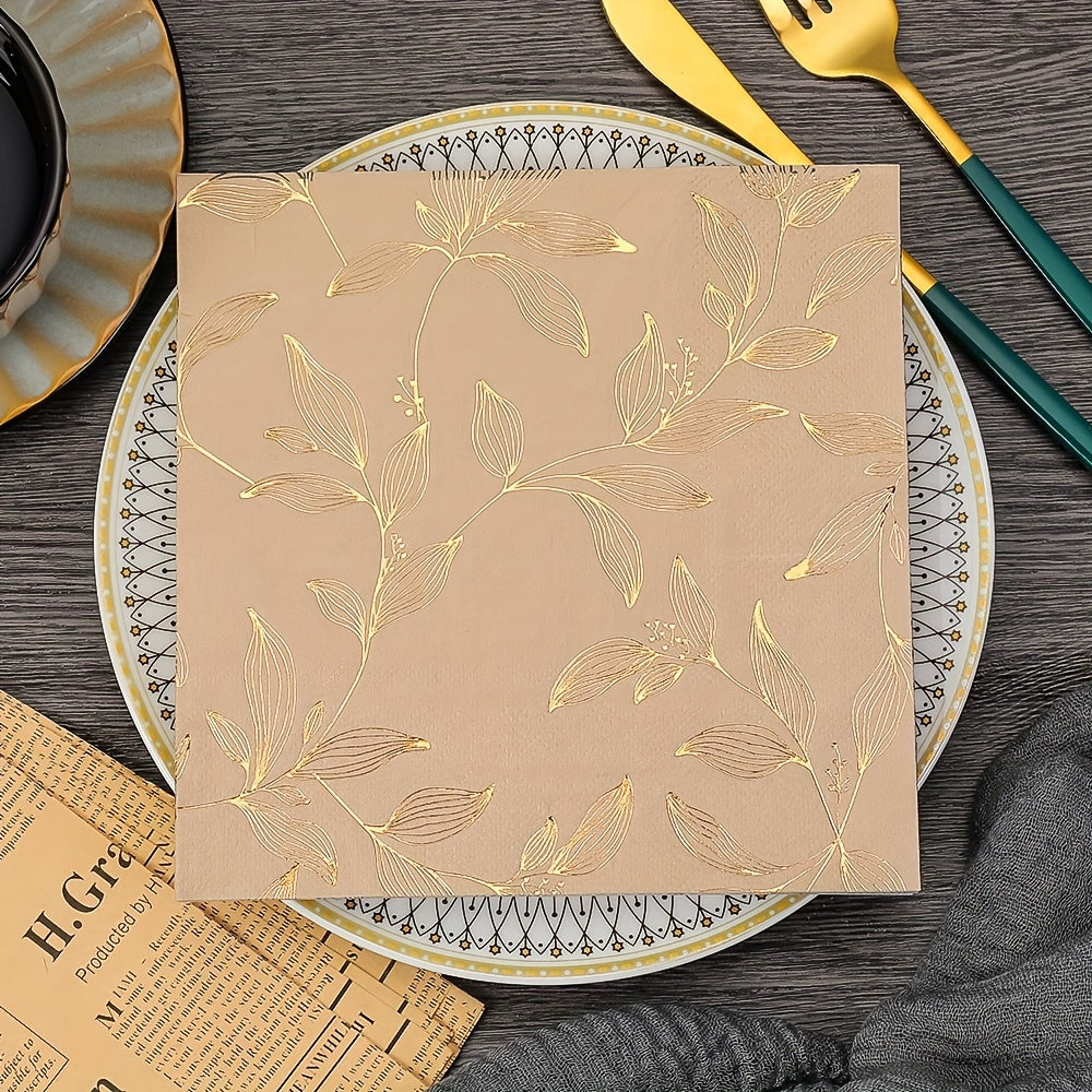 20 Golden Leaf Disposable Napkins 2-Ply Square 33cm for Parties Dinners Restaurants