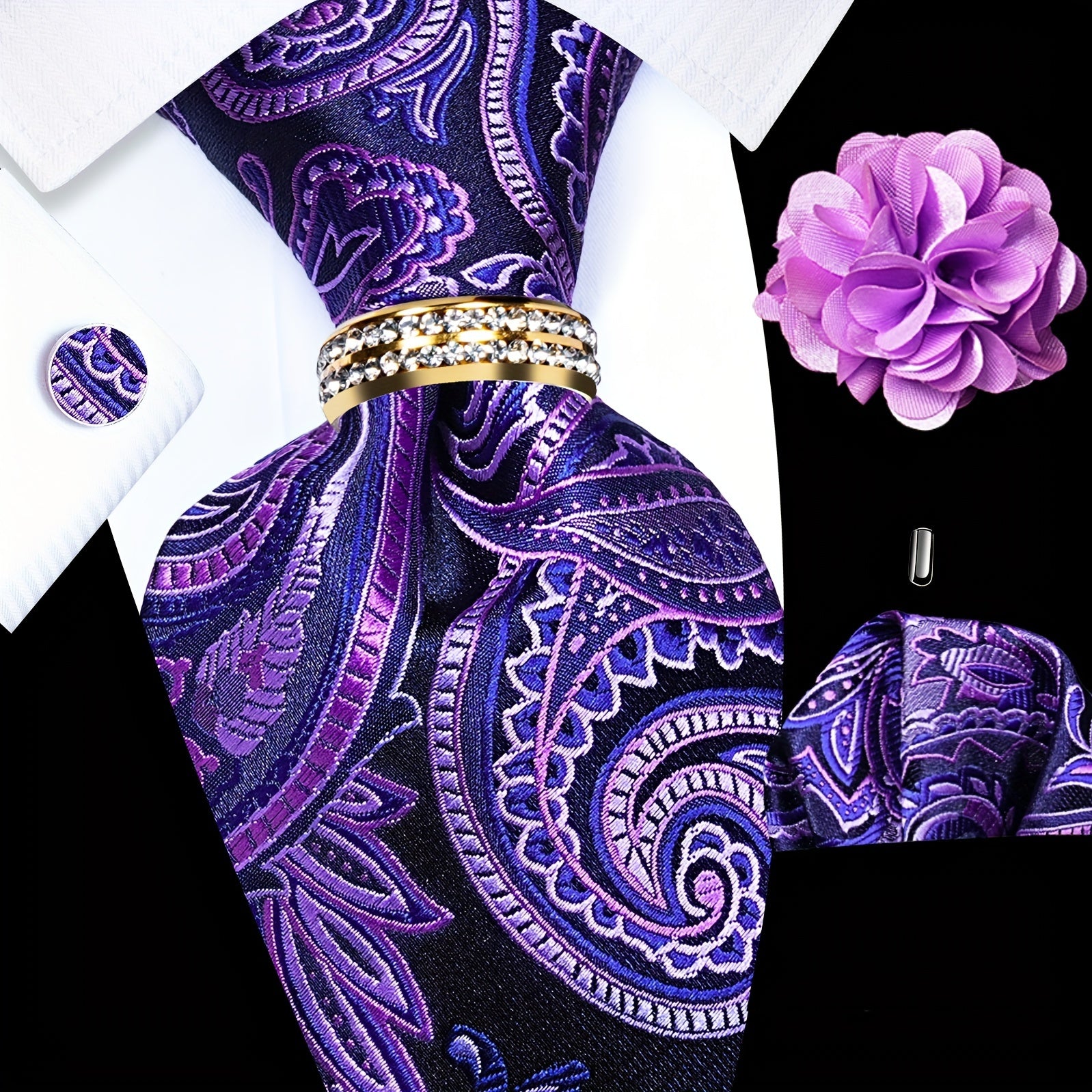 Men's Accessories Set Tie Pocket Square Cufflinks Lapel Pin Tie Ring for Wedding Groom