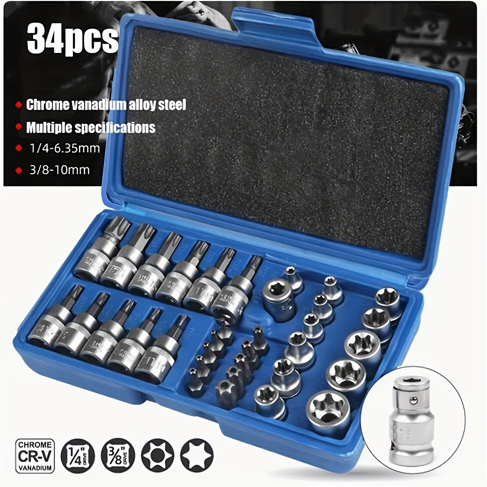 34-Piece E-Torx Star Socket Set Chrome Vanadium Steel Durable Tools