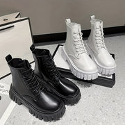 Women's Mid-Calf Combat Boots Lace-Up Platform Sole Black White
