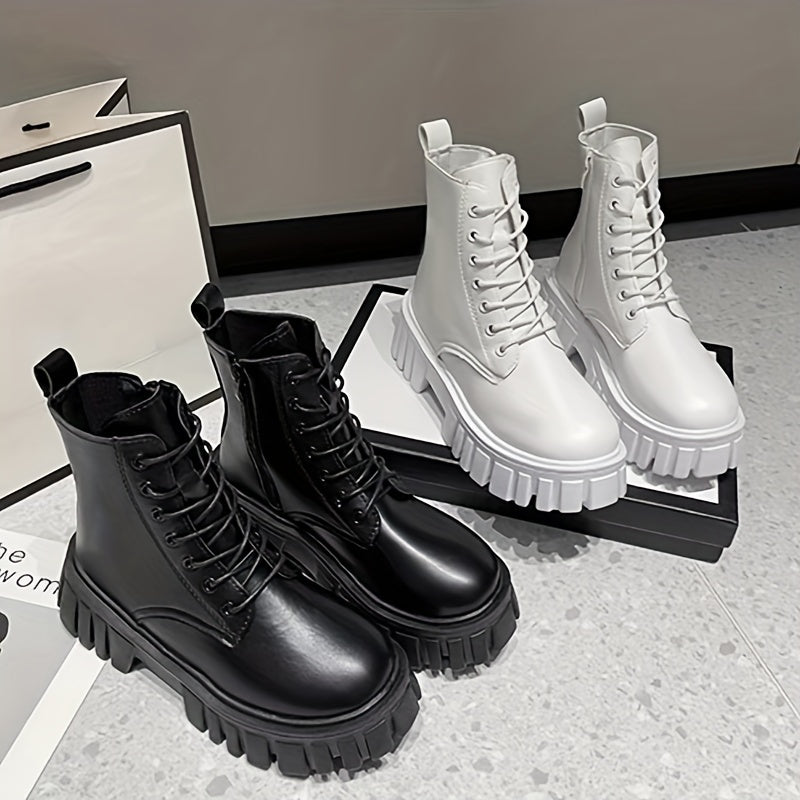 Women's Mid-Calf Combat Boots Lace-Up Platform Sole Black White