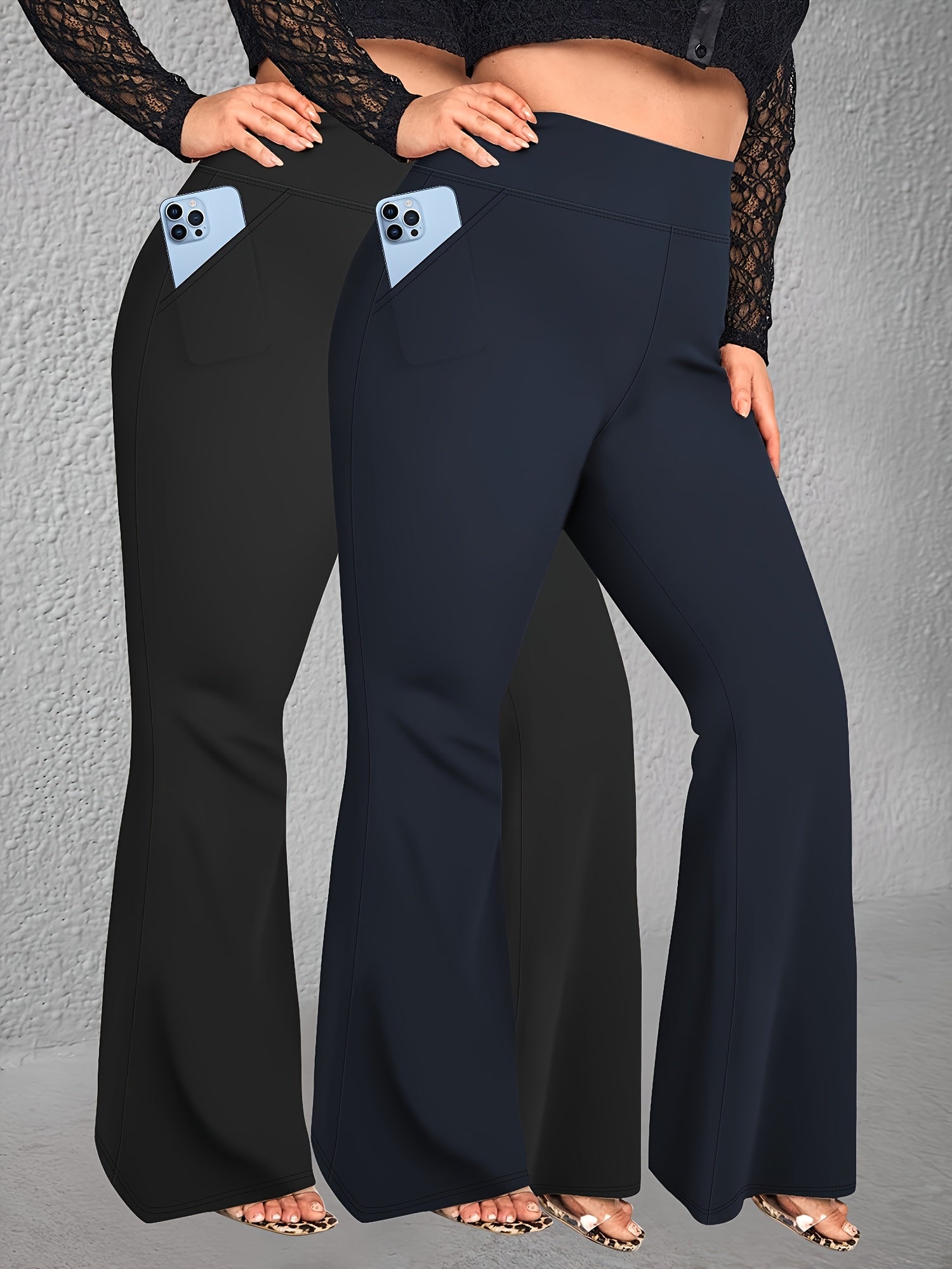 Women's High Waist Flare Pants Set with Pockets, Elastic, All Seasons