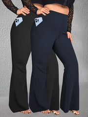 Women's High Waist Flare Pants Set with Pockets, Elastic, All Seasons
