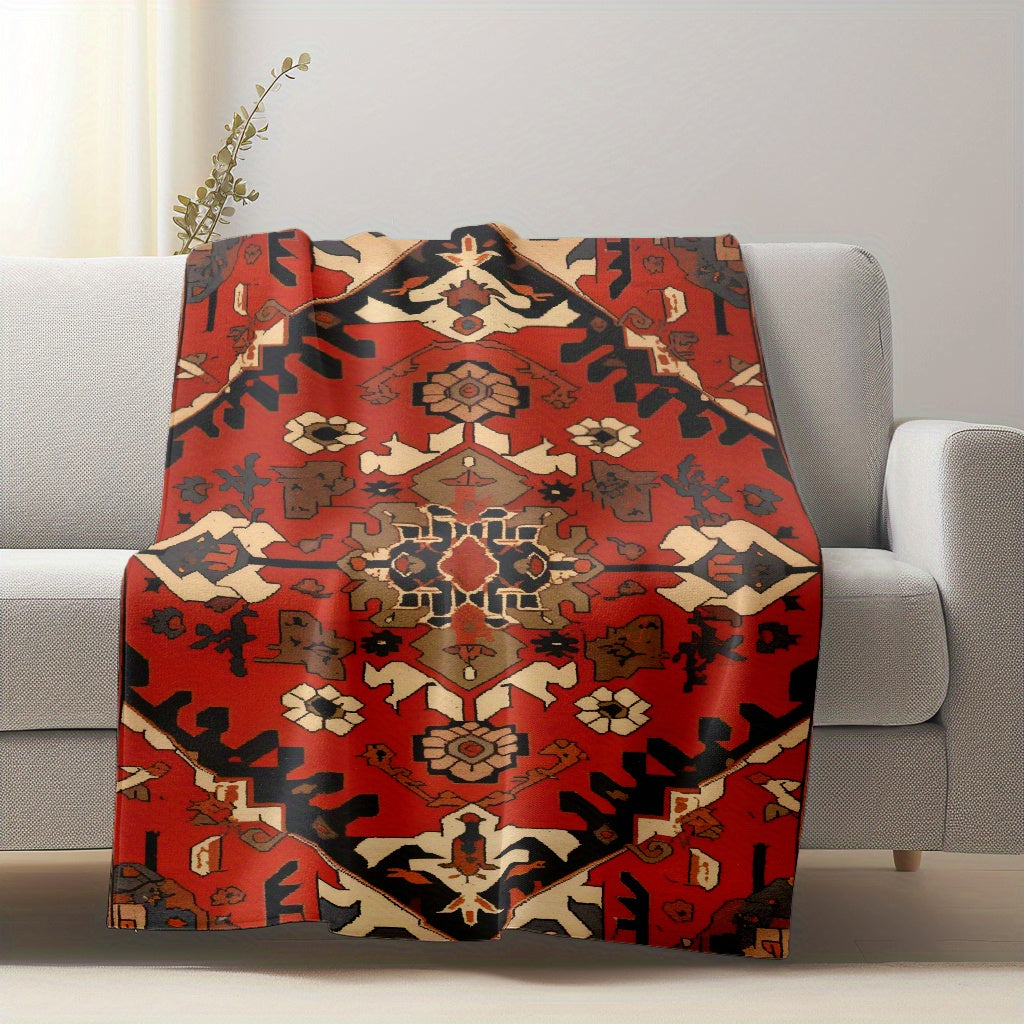 Red Ethnic Patterned Throw Blanket Soft Flannel Fleece for Home Office Travel