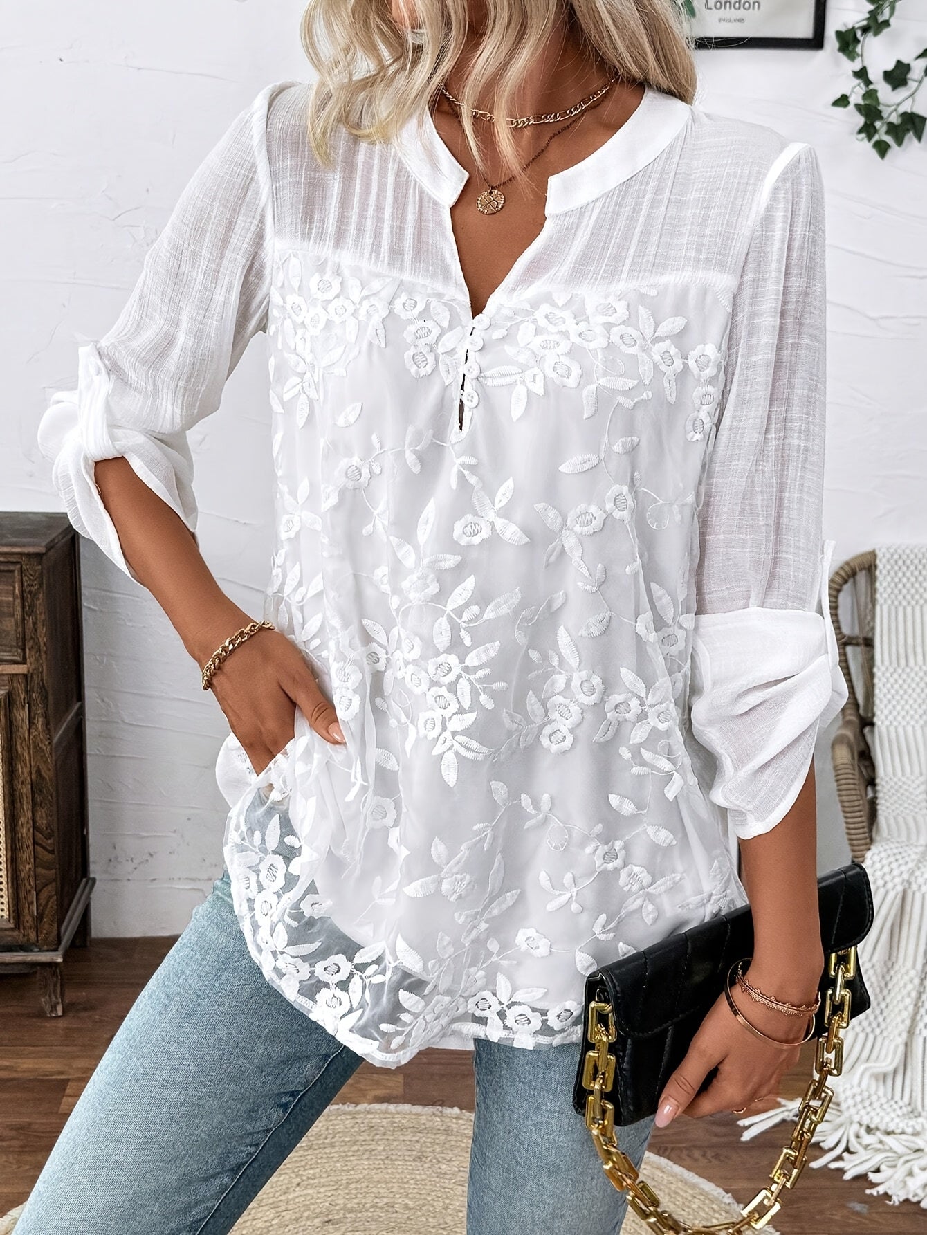 Women's Floral Embroidered Polyester Blouse Crew Neck Long Sleeve Spring Fall Shirting