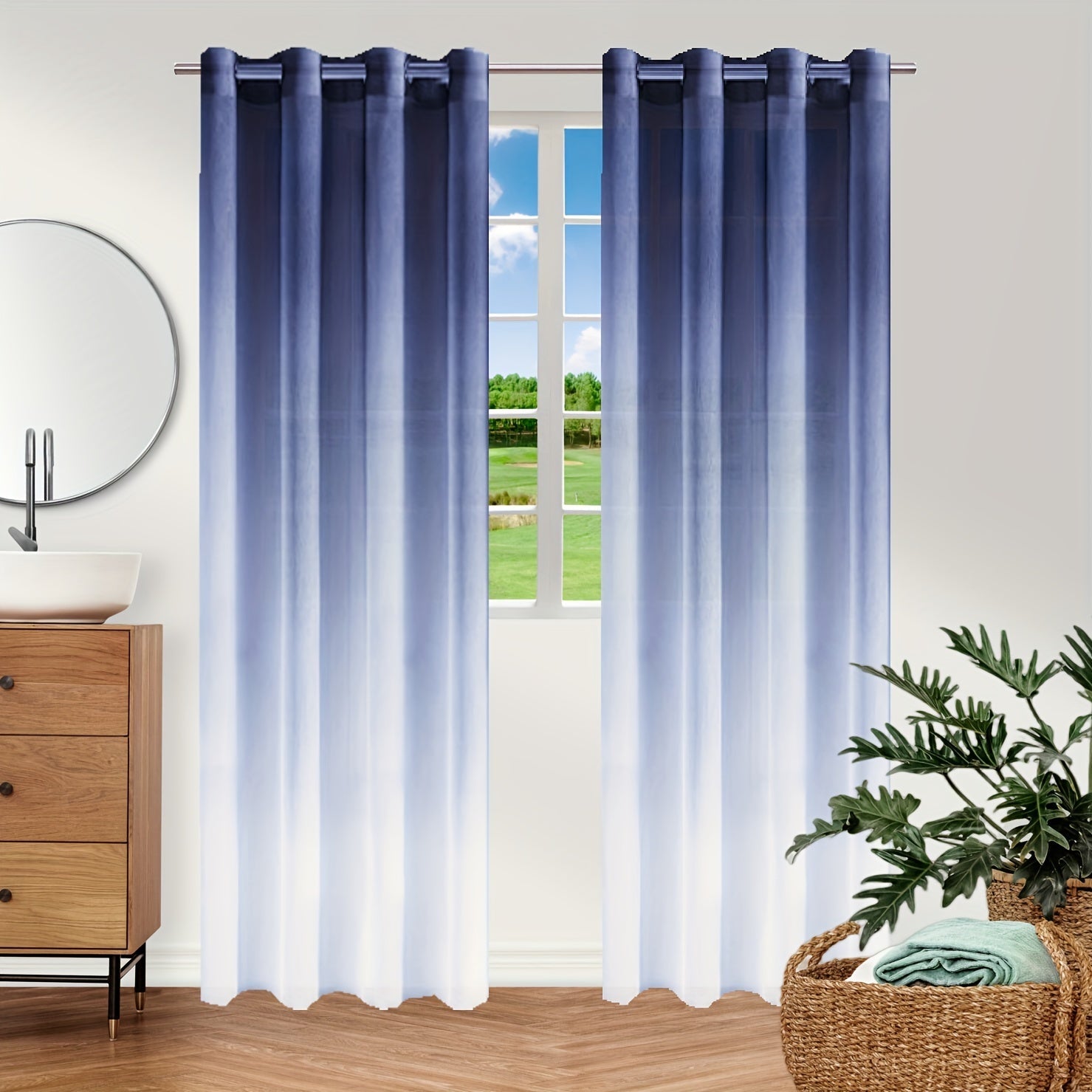 Bohemian Ombre Sheer Curtain Blue to White UV Protective Polyester for Bedroom Living Room