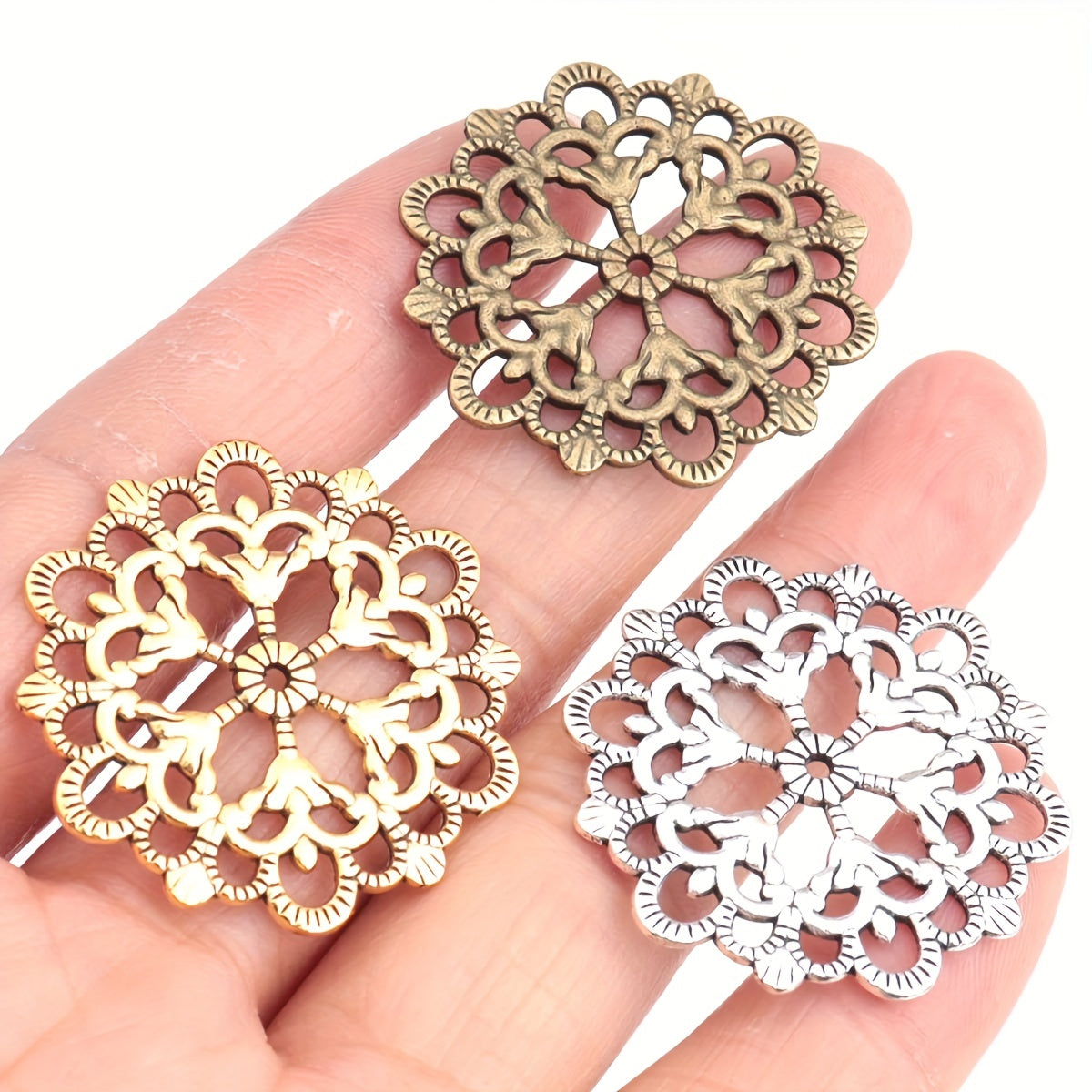 Set of 30 Antique Silver and Gold Hollow Lace Flower Round Pendants 30mm for Jewelry Making and Decorations
