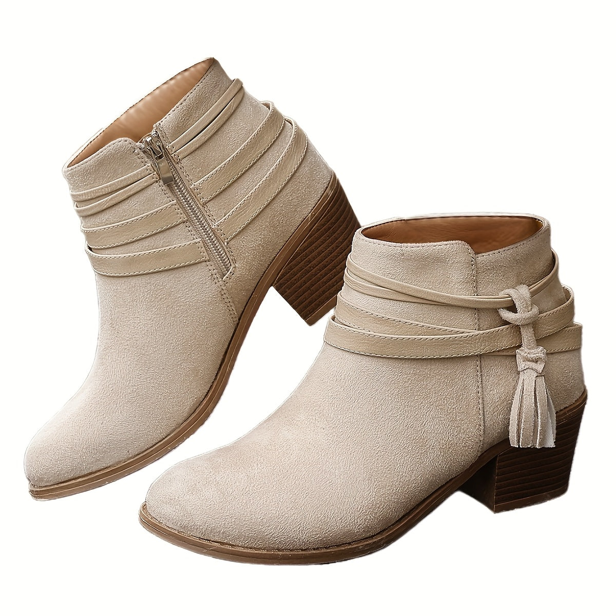 Women's Fabric Mid-Heel Ankle Boots with Tassel & Side Zipper