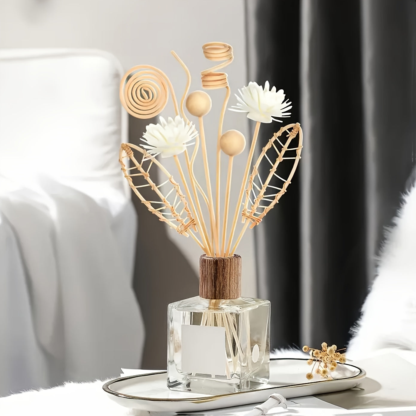 12-Piece Reed Diffuser Set with Natural Rattan Sticks and White Floral Accents for Home Decor and Aromatherapy