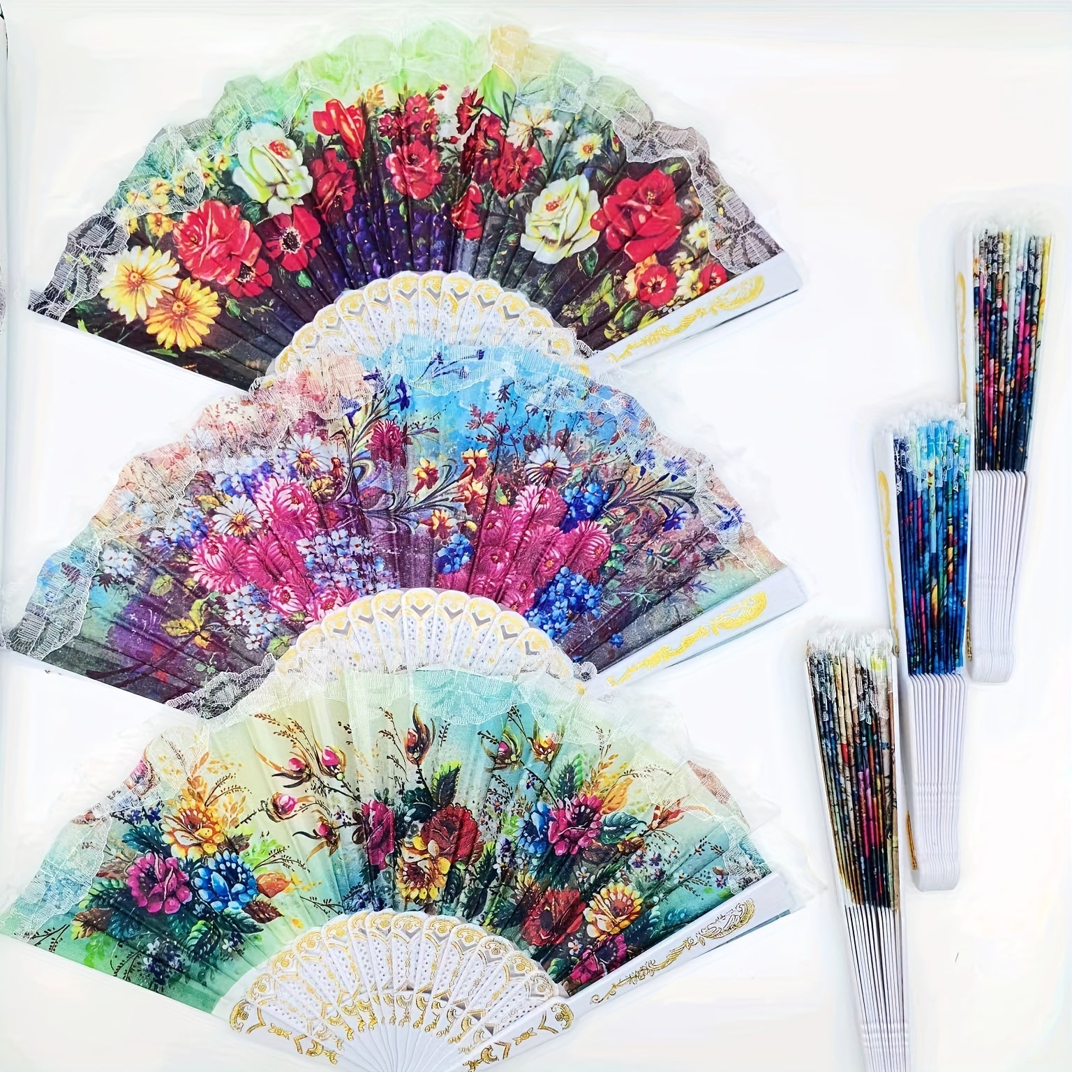 Set of 6 Vintage Linen Lace Folding Fans with Floral Pattern for Weddings and Parties