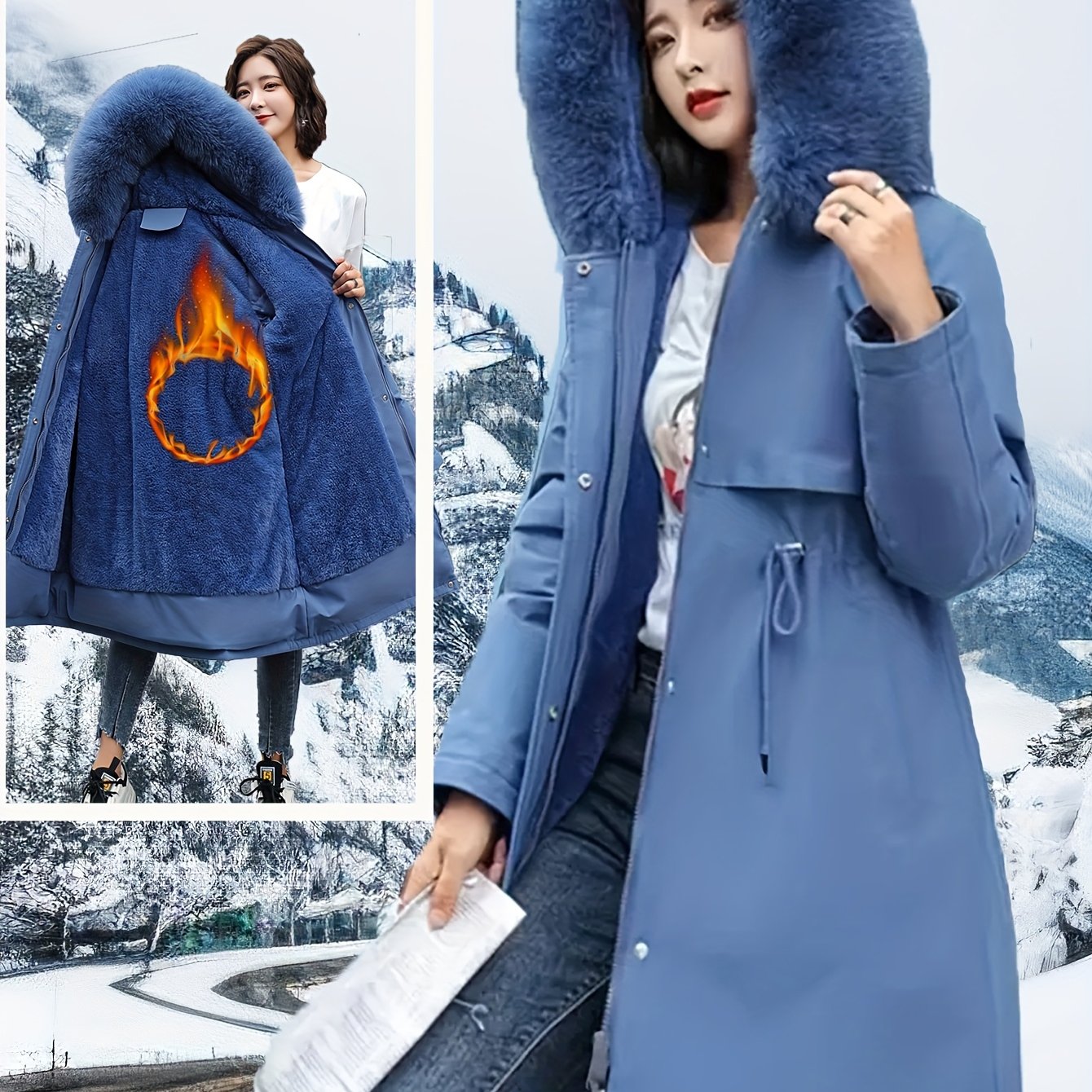 Women's Hooded Winter Coat with Removable Faux Fur Collar Water-Resistant Fleece Lining