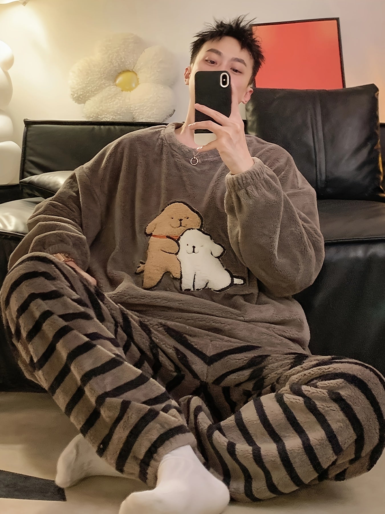 Conjunto de pijama de felpa para hombre con patrón de dibujos animados para otoño e invierno, ropa de casa