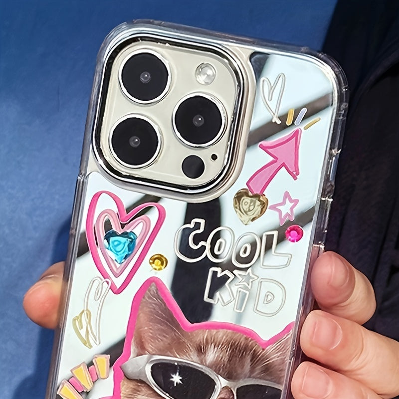 Funda para teléfono con gafas de gato y espejo de diamantes, rhinestone, TPU para niñas