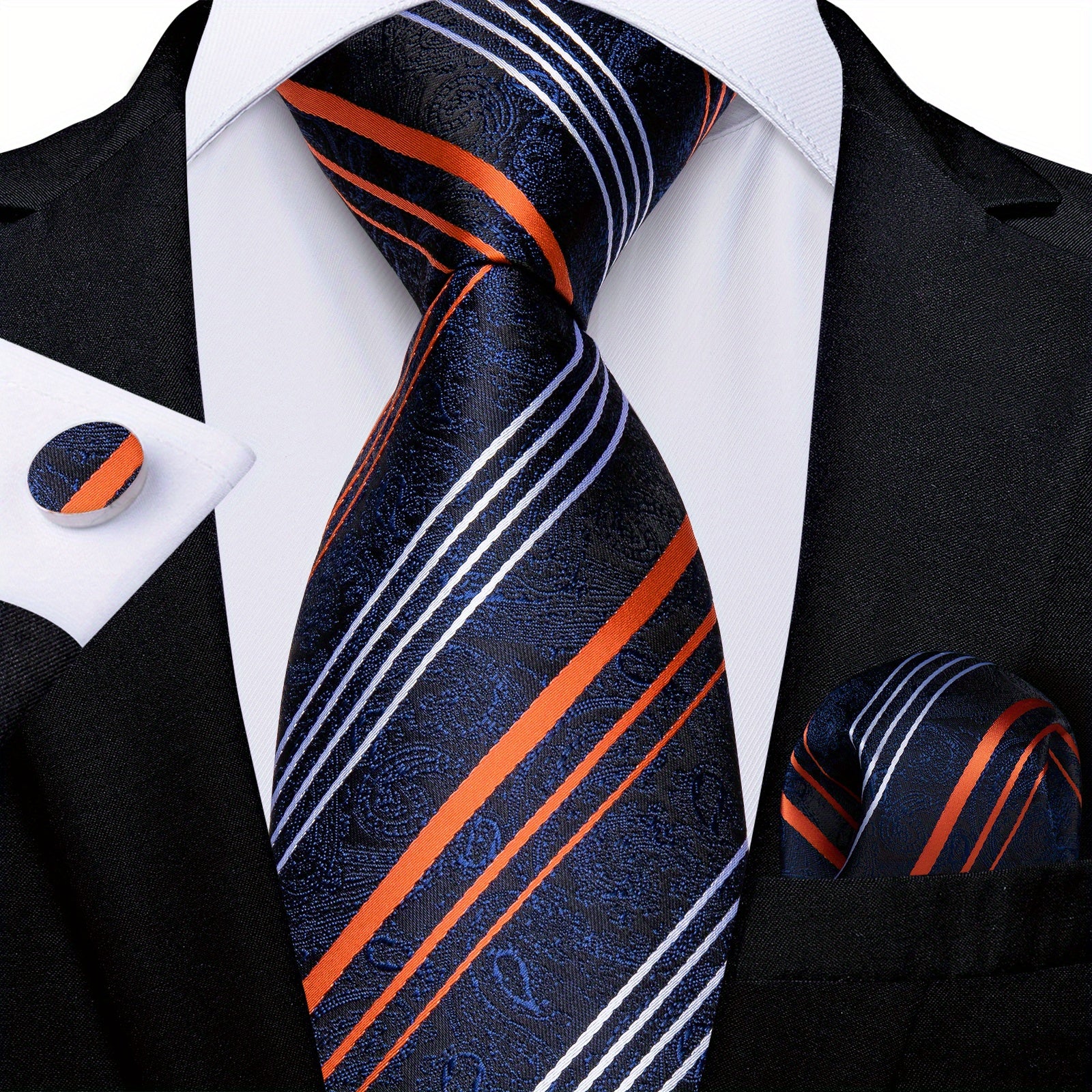 Men's Striped Necktie Set with Handkerchief and Cufflinks for Weddings and Business
