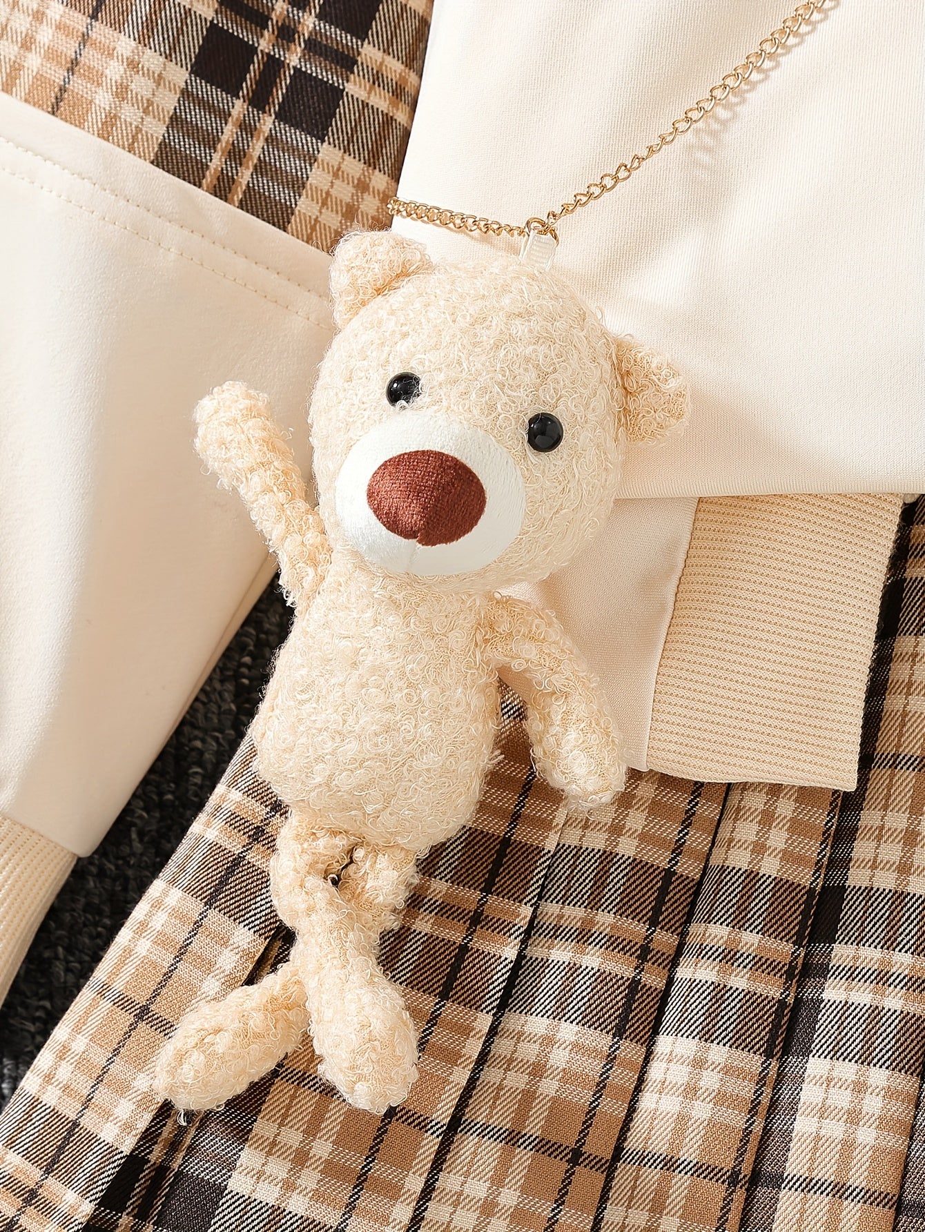 Girls Autumn Casual Outfit Set with Bear Embroidery Plaid Pleated Skirt and Pendant