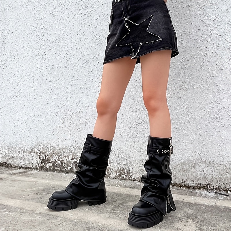 Women's Faux Leather Mid Calf Boots Black Round Toe Platform Zipper