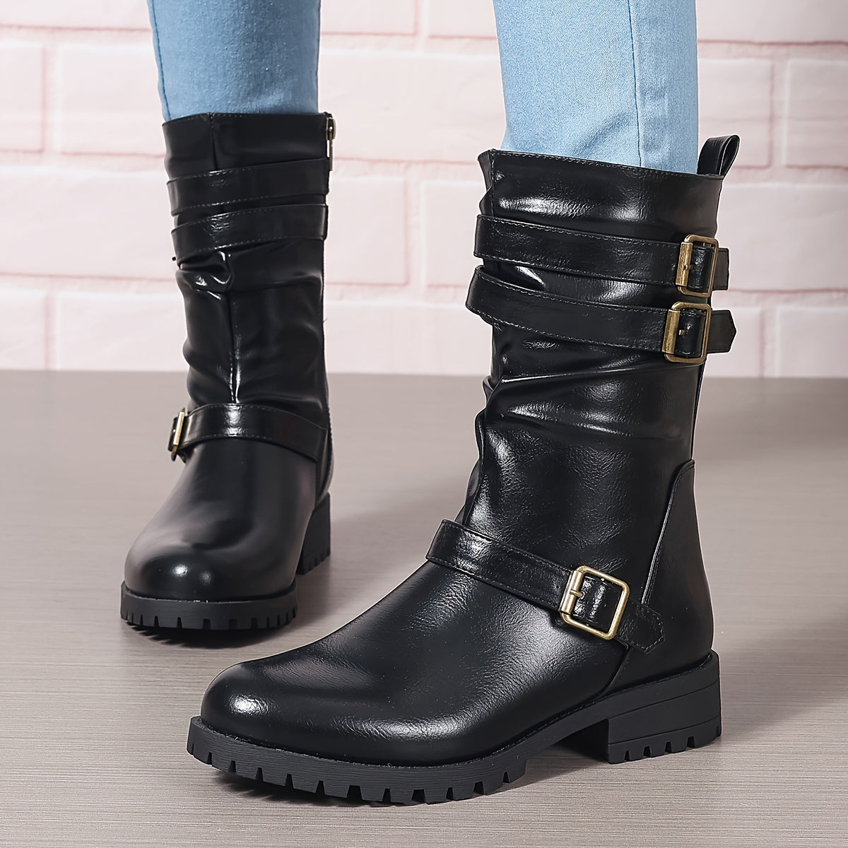 Women's Solid Color Chunky Heel Boots with Side Zipper Mid Calf Boots