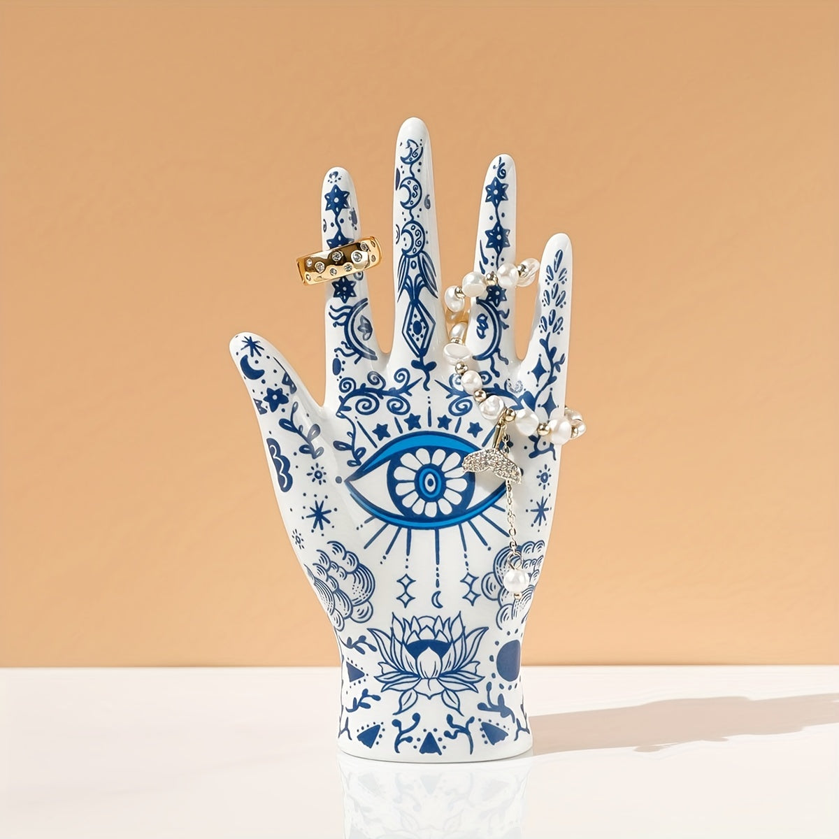 Ceramic Hamsa Ring Holder for Jewelry Display and Evil Eye Protection