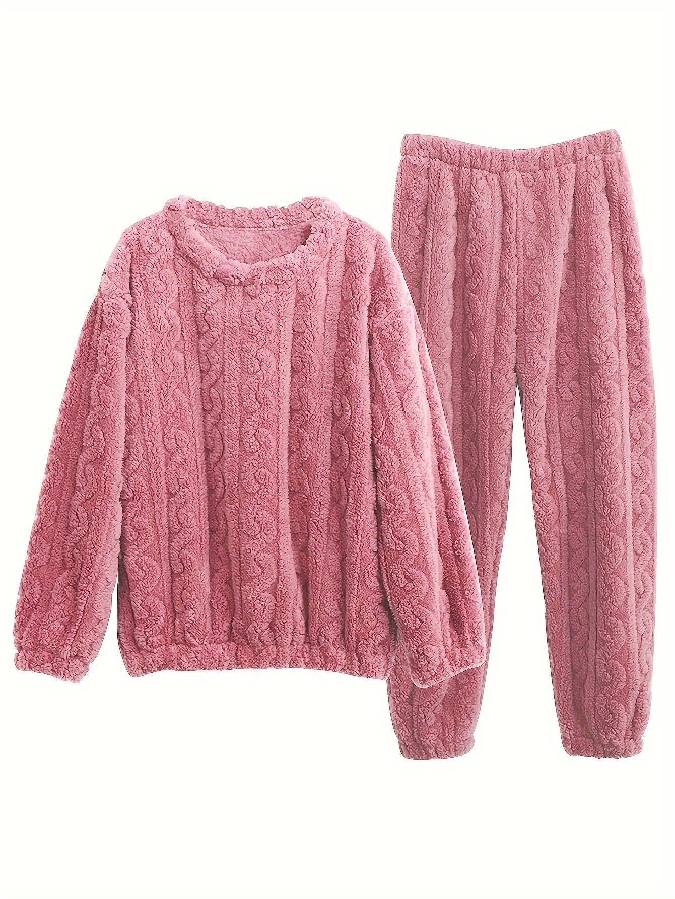 Pink Fleece Pajama Set for Women Long Sleeve Round Neck Cozy Fall Winter