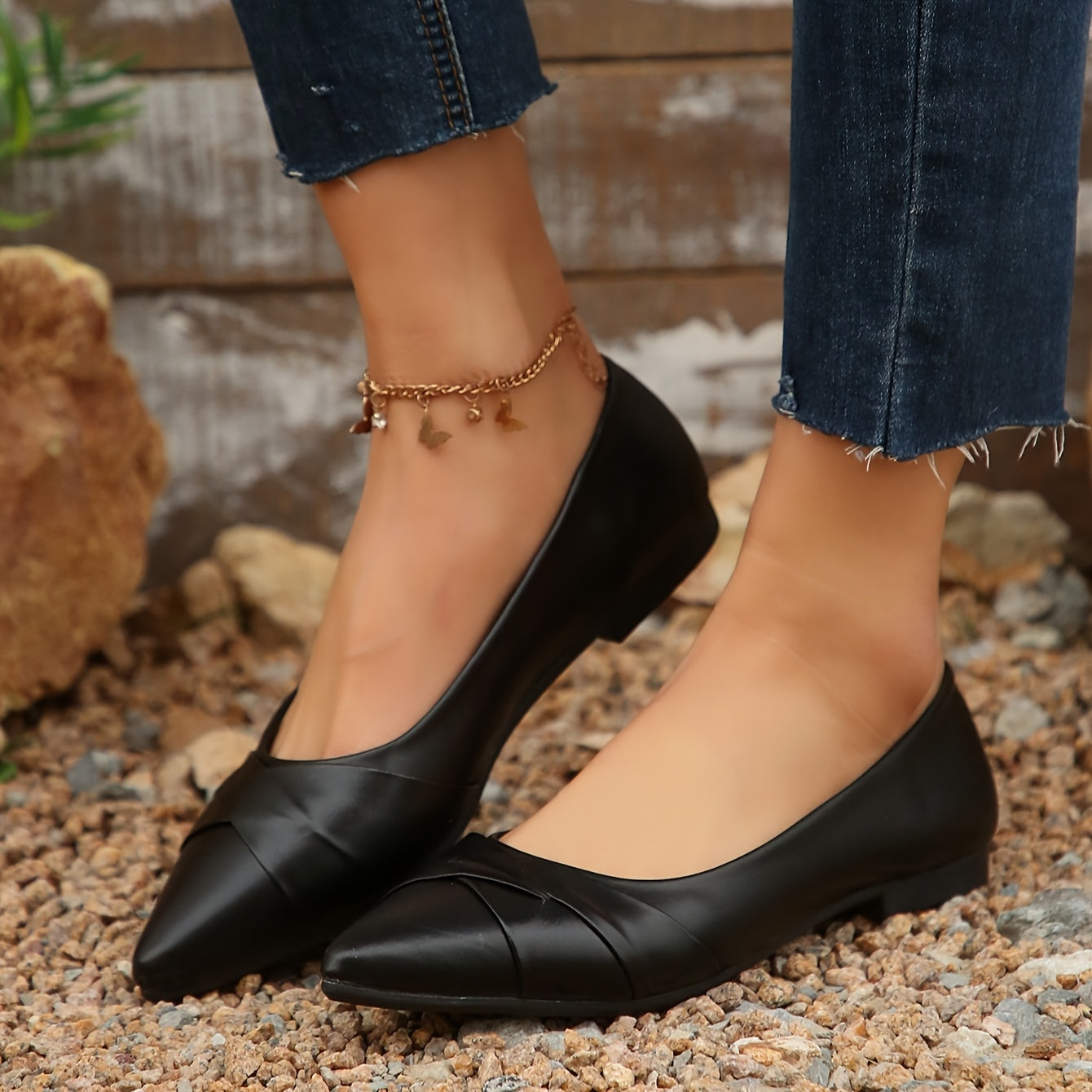 Ayollar uchun pointed toe flats slip-on balet poyabzali, bardoshli PU kauchuk taglik, qora va jigarrang, 36-42 o'lcham
