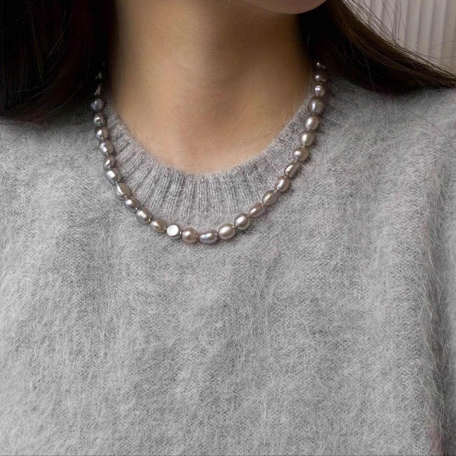 Grey Pearl Necklace with 18K Gold Plated Clasp French Artisan Elegant Statement Jewelry