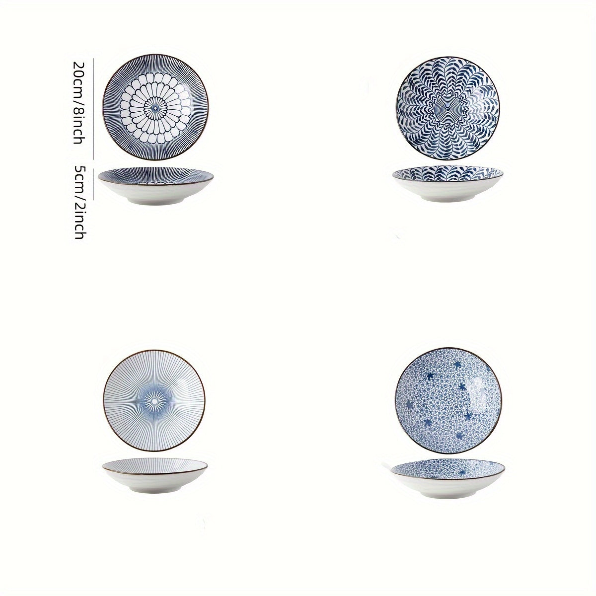 Keramika kechki taomlar uchun to'plam, ko'k va oq gul naqshli, 20.32 sm, salat, makaron va apetit uchun