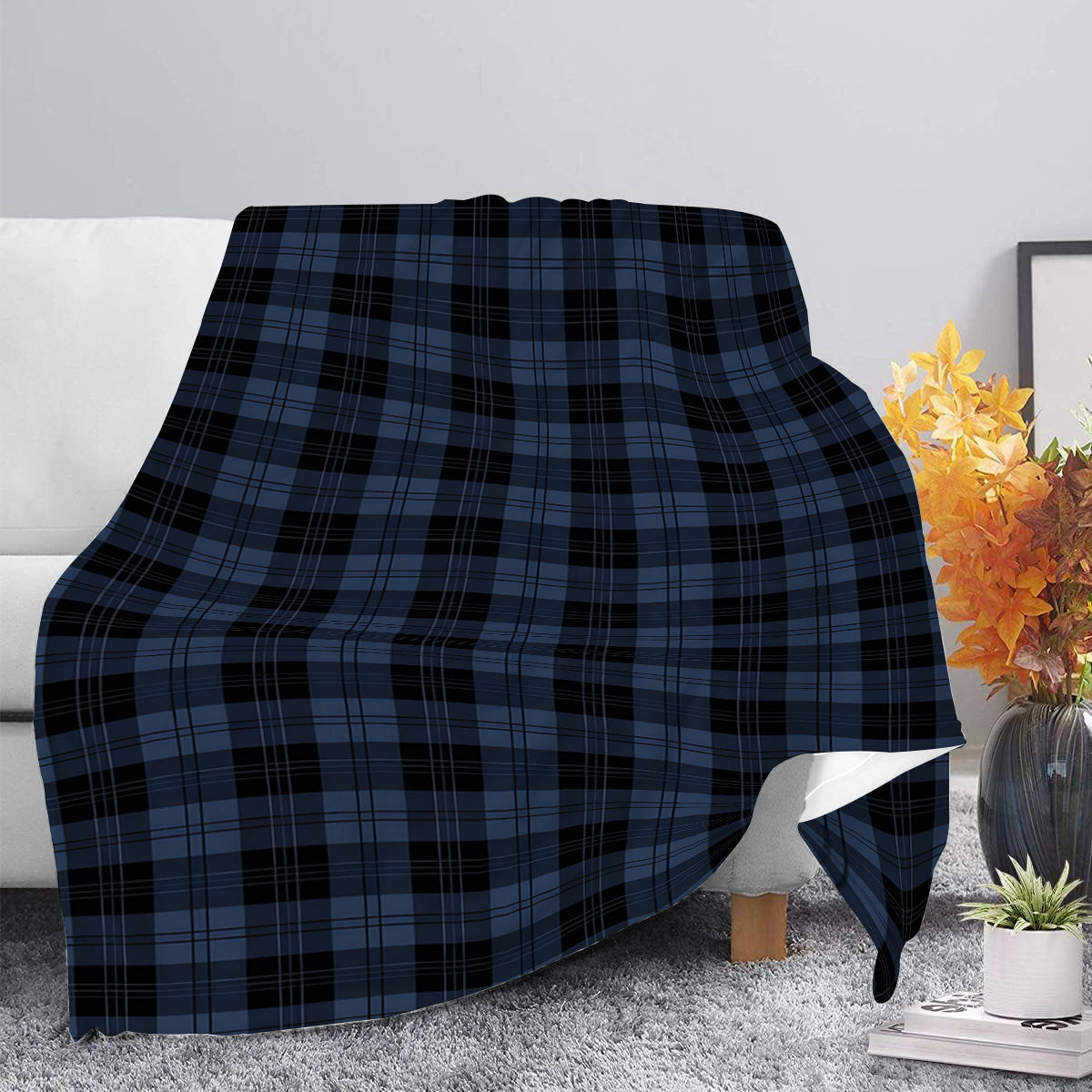 Navy Blue Geometric Plaid Flannel Fleece Blanket for Sofa Bed Travel