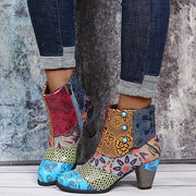 Women's Floral Pattern Ankle Boots with Chunky Heel and Side Zipper