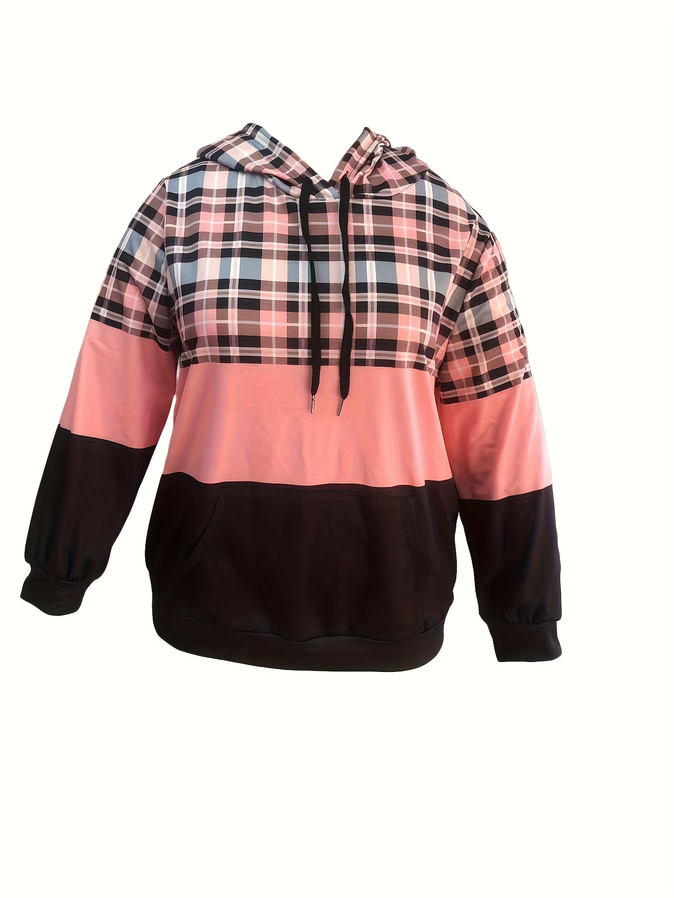 Ayollar uchun katta o'lchamli plaid hoodie, yostiqlangan svitshot, cho'ntaklar bilan, qora va oq