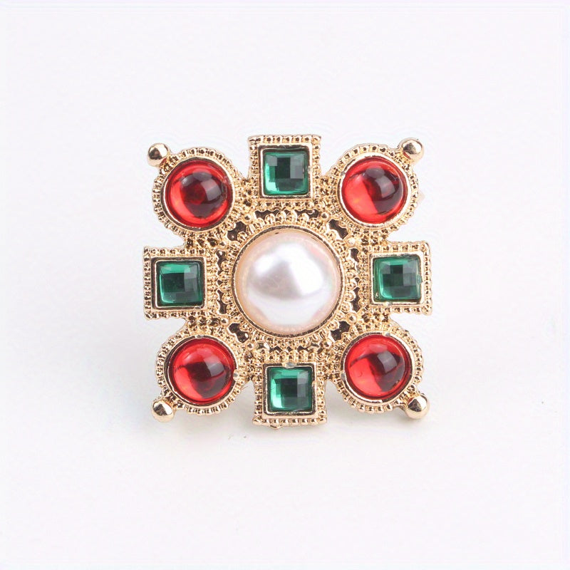 Vintage Baroque Style Brooch with Rhinestones and Gold Finish for Women