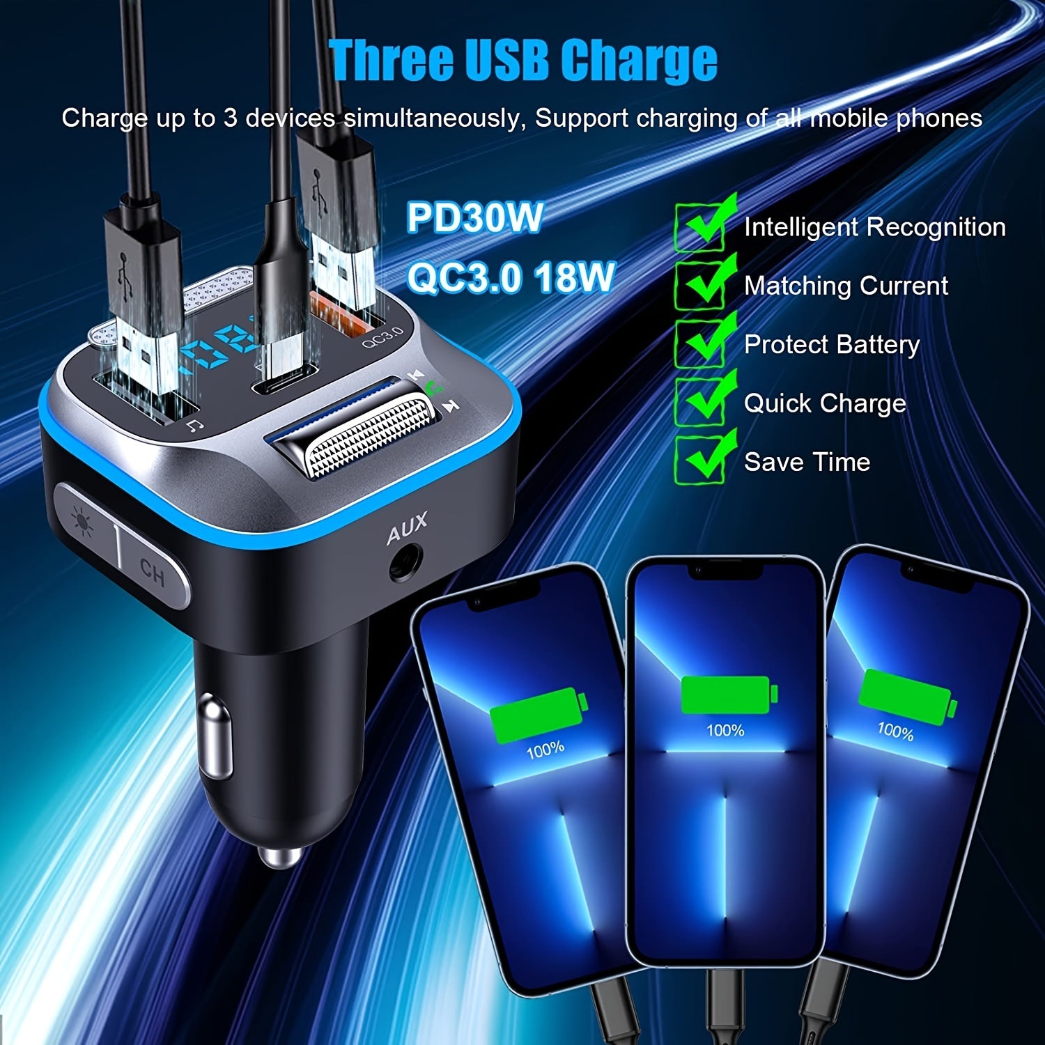 Car Wireless Transmitter Bluetooth Adapter 30W PD QC3.0 Hands-Free Calling LED Console