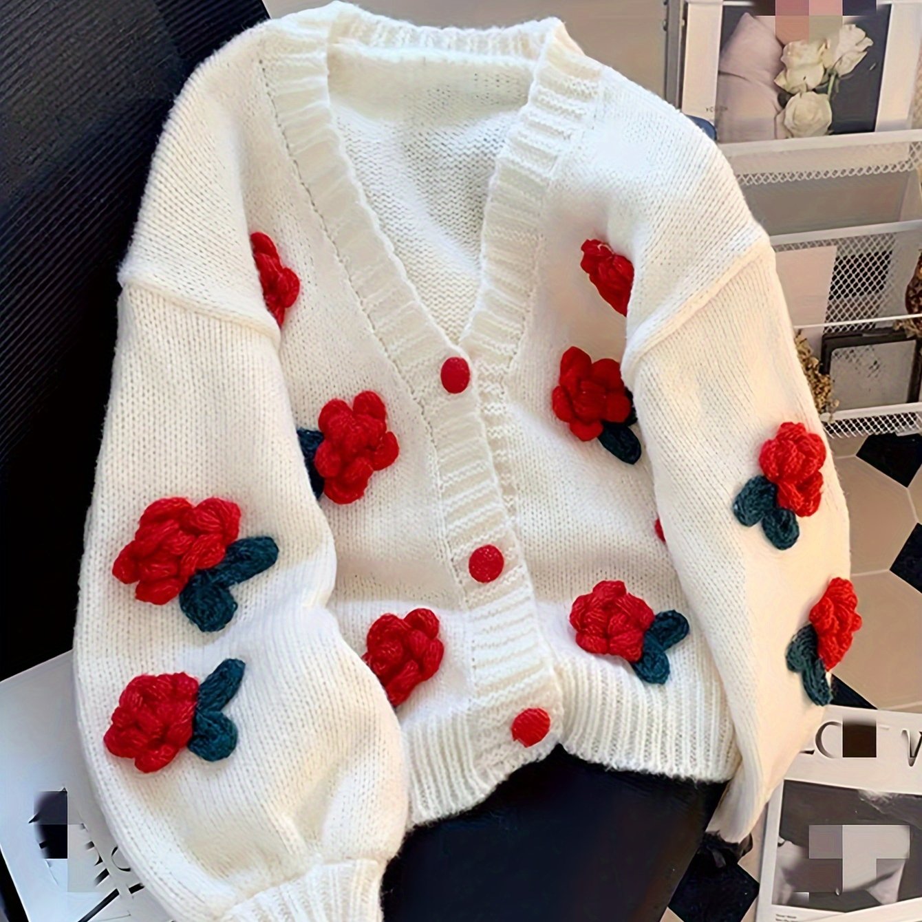 Женский кардиган с рифленым V-образным вырезом и цветочным принтом, повседневный с пуговицами, длинный рукав для осени