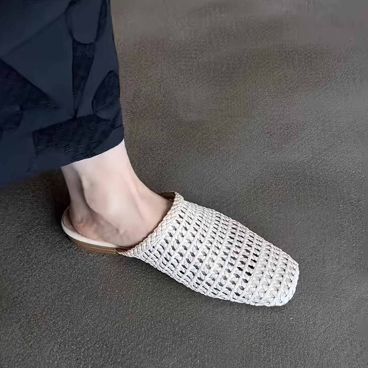 Women Crochet Mules Breathable Open-Toe Summer Shoes Beige Synthetic Flat Heel