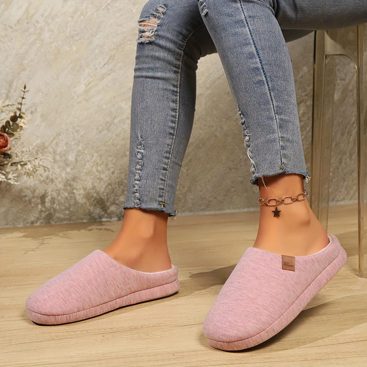 Women Slip-On Slippers Soft Fabric Flannel Non-Slip Indoor Casual