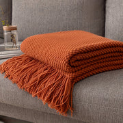 Orange Knit Throw Blanket with Long Tassels Lightweight Soft Bubble Textured for Bed Couch Sofa Chair Outdoor All Season