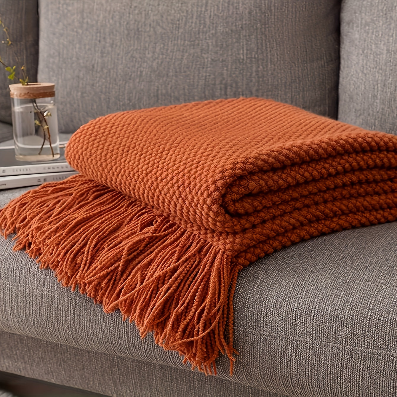 Orange Knit Throw Blanket with Long Tassels Lightweight Soft Bubble Textured for Bed Couch Sofa Chair Outdoor All Season