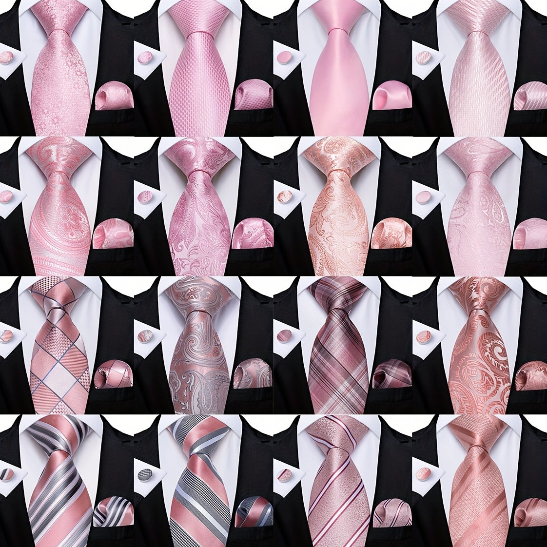 Stylish Men's Pink Patterned Tie Set with Pocket Square, Hanky, and Cufflinks - Perfect for Weddings or as a Gift