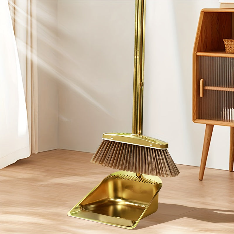 Stainless Steel Broom and Dustpan Set with Serrated Edge Long Handle Indoor Outdoor Cleaning