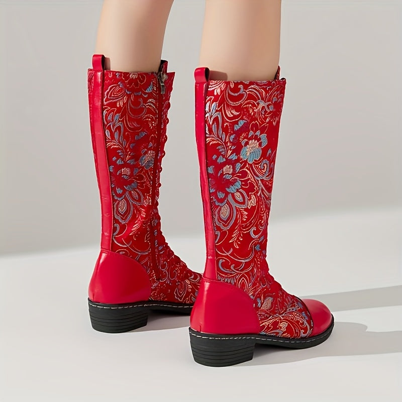 Women's Floral Ethnic Knee-High Boots Zippered Block Heel All-Season