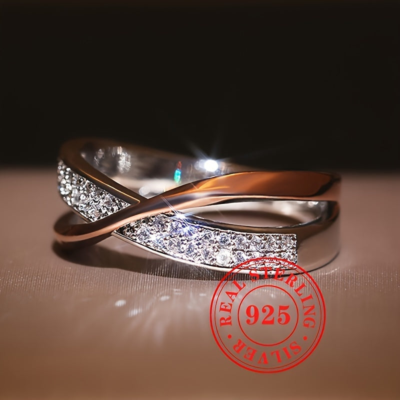 Women's Two Tone Mobius Sterling Silver Ring with Pave Zirconia for Daily Wear