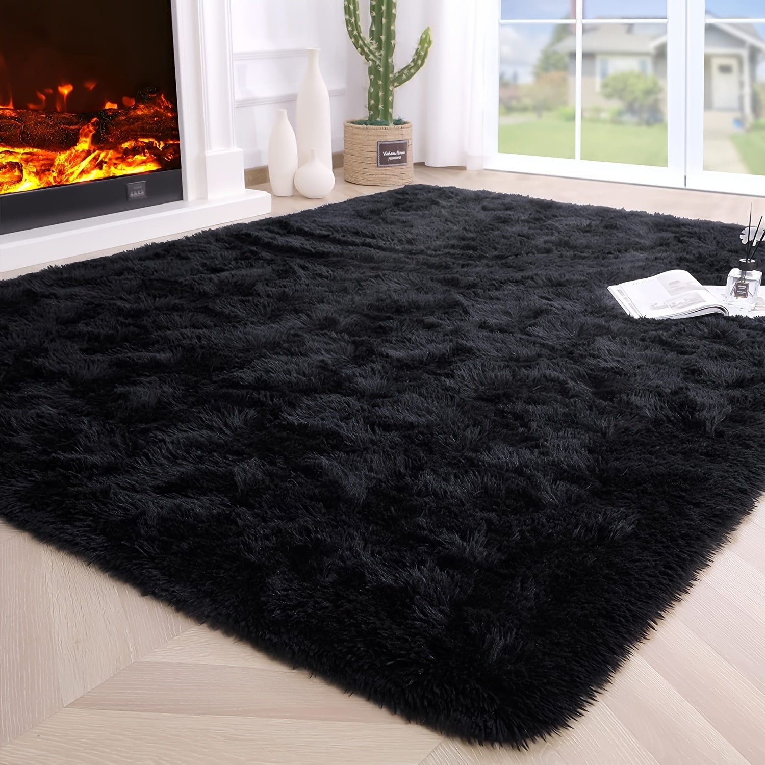 Alfombra de área de pelo negro 1 pieza, suave y acogedora, decoración para el hogar, dormitorio, sala de estar, exterior