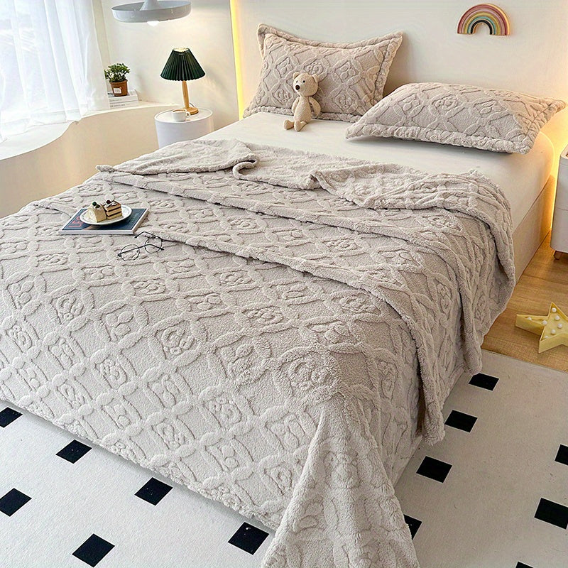 Fleece Bed Blanket White Geometric Embroidered All-Season Polyester 3D Embroidery