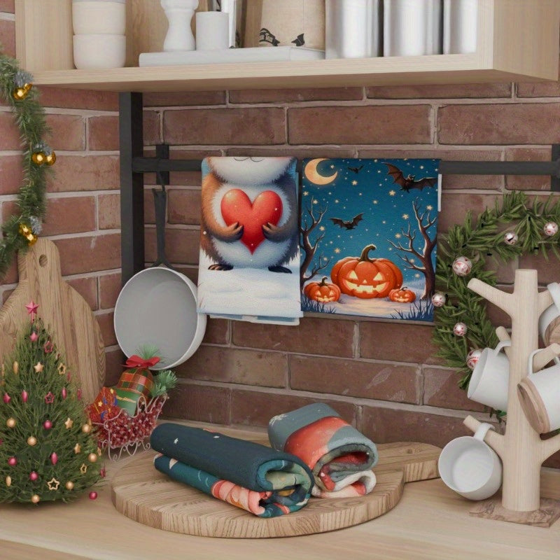 Set of 4 Holiday Kitchen Towels Reindeer Elk Christmas Trees Santa Canvas