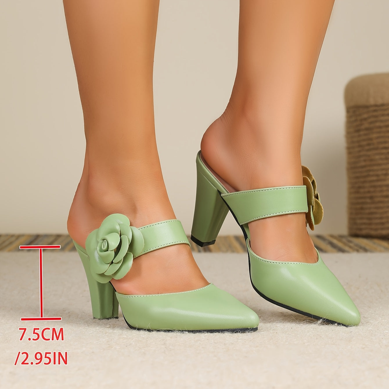 Women Green Block Heel Pumps with Floral Ankle Strap Dress Shoes