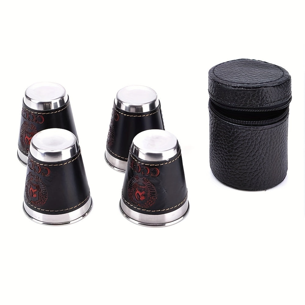 Set of 4 70ml Stainless Steel Camping Cups with Faux Leather Carry Bag