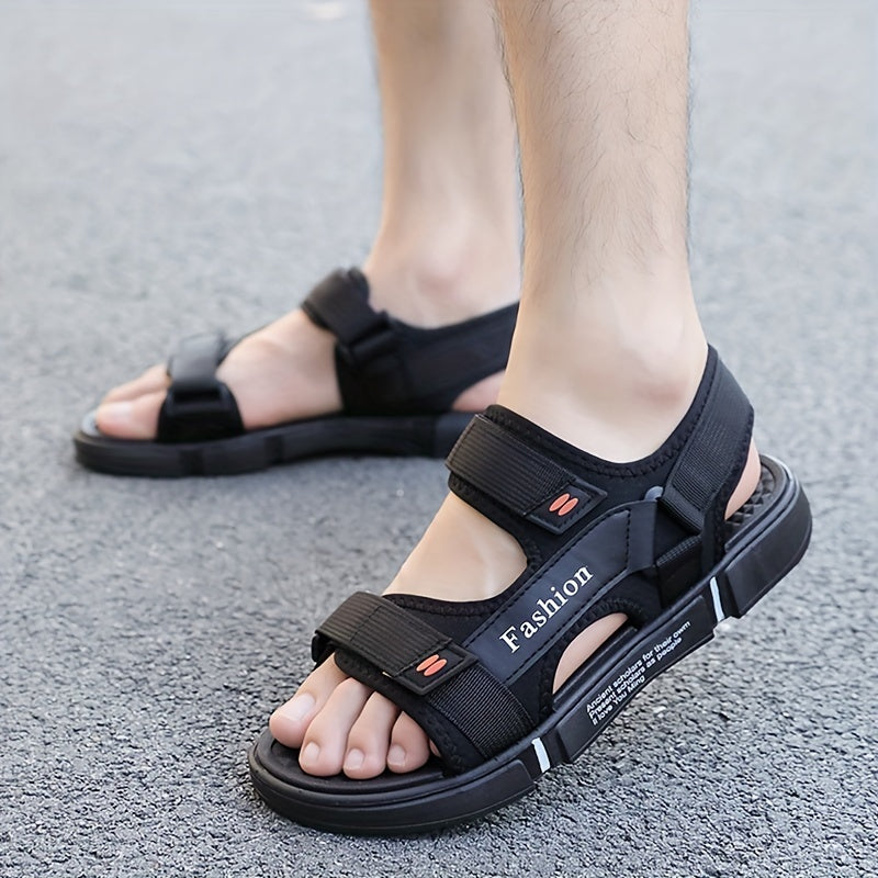 Men's Non-Slip Summer Sandals Fabric Beach Shoes with Hook-and-Loop Fastener Rubber Sole Black and Orange