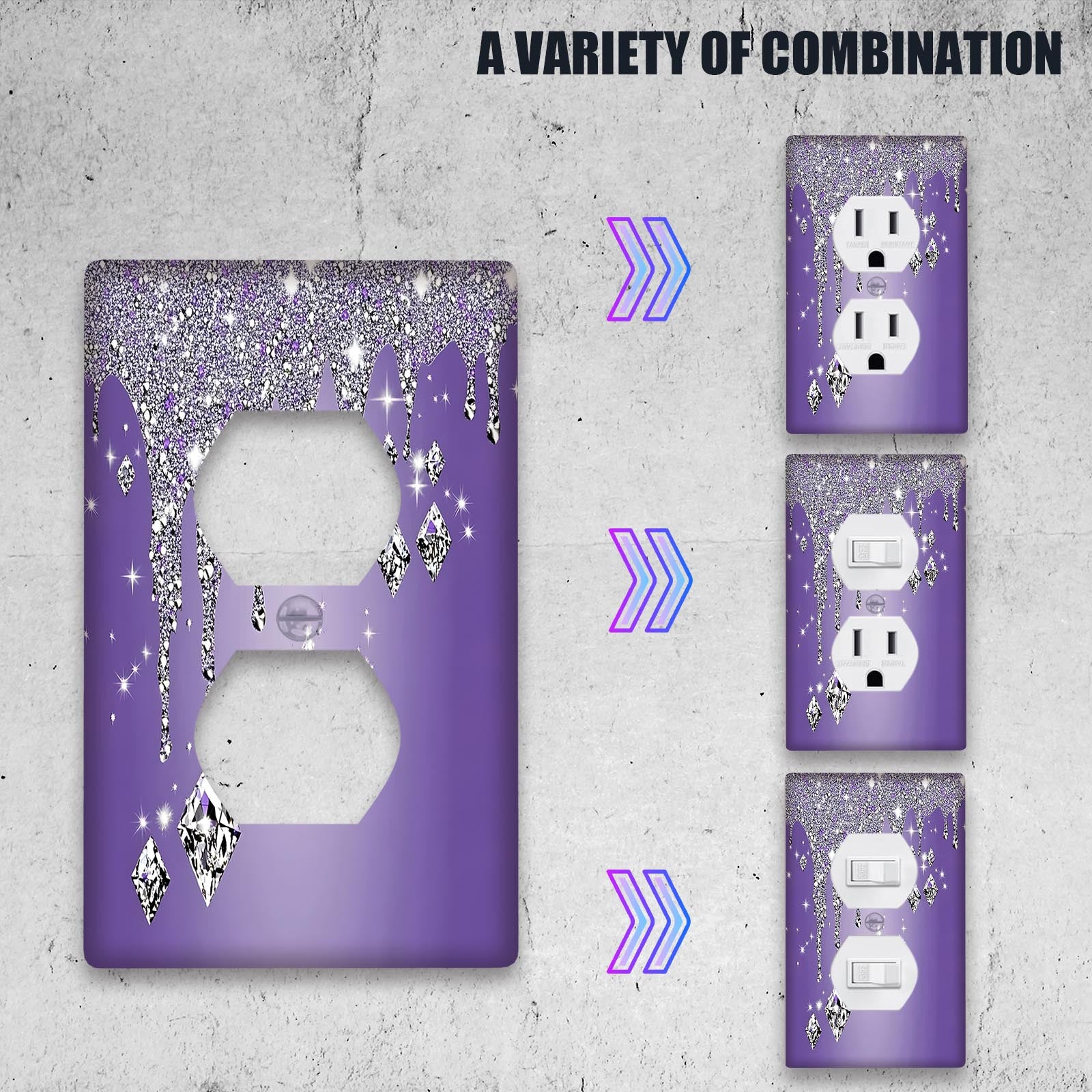 Purple Glitter Diamond Drip Light Switch Cover 1 or 2 Gang Ornate Design