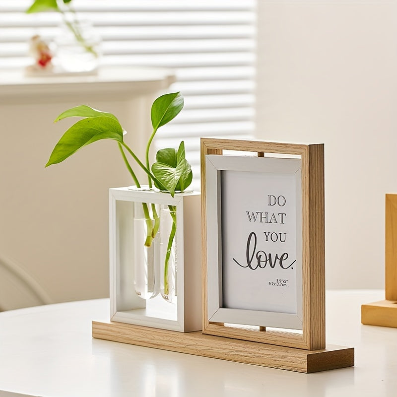 Hydroponic Plant Photo Frame with Glass Vase Wooden Desktop Decor for Living Room Study or TV Cabinet