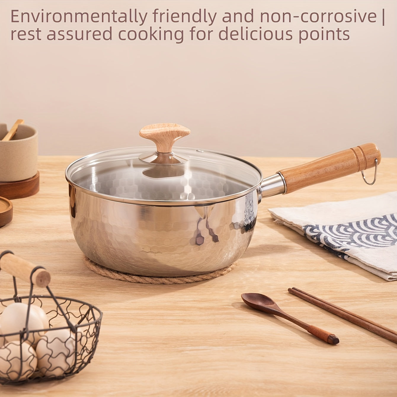 Small Stainless Steel Soup Pot 304 Brushed Finish Induction Compatible Wooden Handle