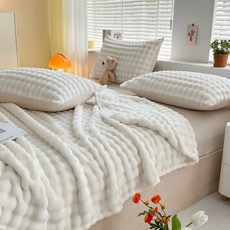 Soft Bubble Fleece Blanket Cozy Warm Plush Throw for Sofa Bed Camping 250gsm